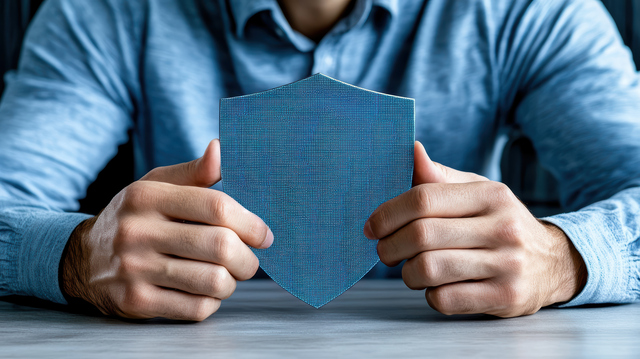 person holding blue shield symbolizing cybersecurity and protection