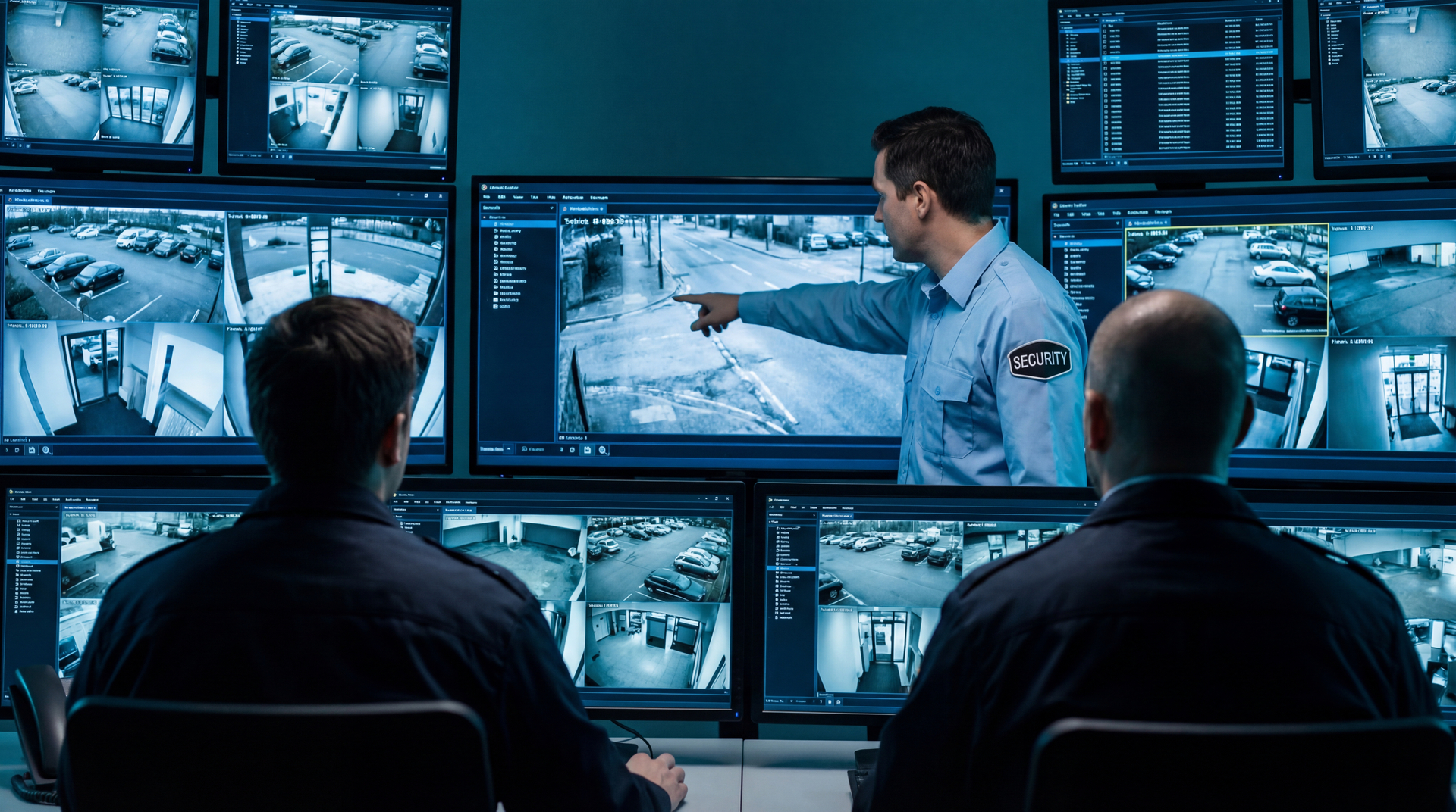 Security Personnel Monitoring Surveillance Screens in Control Ro